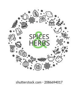 Spices and Herbs Round Design Template Contour Lines Icon Frame Concept on a White. Vector illustration
