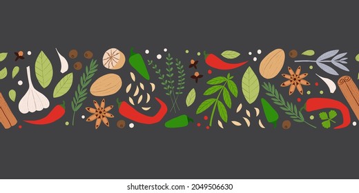 Spices and herbs seamless border. Flat hand drawn cooking ingredients with textured details. Spicy kitchen print for textile, decoration, banner.