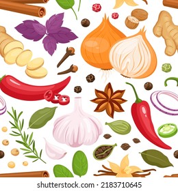 Spices and herbs seamless pattern. Vector kitchen spices with vanilla, anise, ginger, cinnamon, curry, basil, garlic, pepper, rosemary. Popular indian spices in cartoon style for menu, print, web