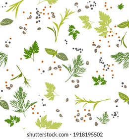 Spices, herbs and seasonings on a white background. Seamless vector pattern.