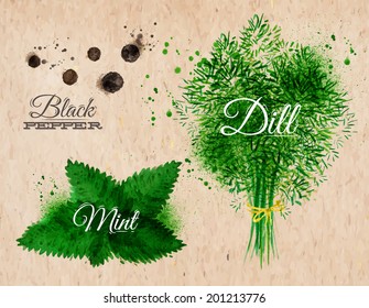 Spices herbs set drawn watercolor blots and stains with a spray black pepper, mint, dill on kraft paper