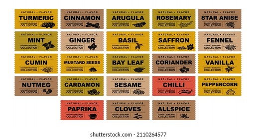 Spices and herbs stickers and labels. Different color packaging for food preparing and culinary. Bags with herbs. Rosemary, star anise, ginger, basil and mint organic product for selling vector set. 