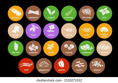 Spices and herbs stickers and labels. Different color packaging for food preparing and culinary. Bags with herbs. Rosemary, star anise, ginger, basil and mint organic product for selling vector set. 