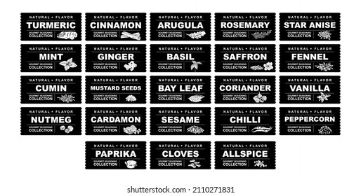 Spices and herbs stickers and labels. Different color packaging for food preparing and culinary. Bags with herbs. Rosemary, star anise, ginger, basil and mint organic product for selling vector set. 