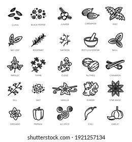 Spices and herbs thin line style vector icon set, big collection