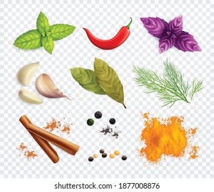 Spices and herbs transparent set of chili pepper garlic cloves aromatic culinary powder realistic vector illustration