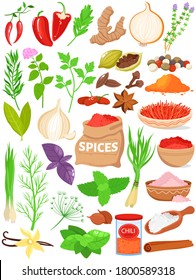 Spices herbs vector illustration set. Cartoon flat herbal spices for cooking food collection with fresh dry red hot chili peppers, bag of dried paprika, leaves of parsley basil mint isolated on white