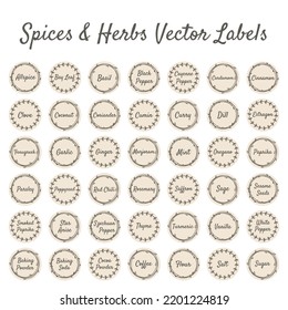 Spices and herbs vector label set for kitchen jar. Spice circle vintage stickers.