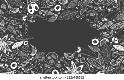 Spices, herbs and vegetables background. Hand drawn vector background for kitchen or menu design. Black background.