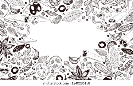Spices, herbs and vegetables background. Hand drawn vector background for kitchen or menu design. White background.    