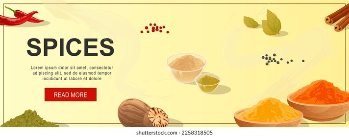 Spices horizontal web banner. Chili peppers, nutmeg, bay leaf, black or red peppercorns, cinnamon, other aroma ingredients. Vector illustration for header website, cover templates in modern design