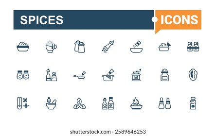 Spices icon collection. Includes icons for web, powder, garlic, 5ar, leaf, ingredient, bay leaf and more. Flat icon. Solid line editable stroke.