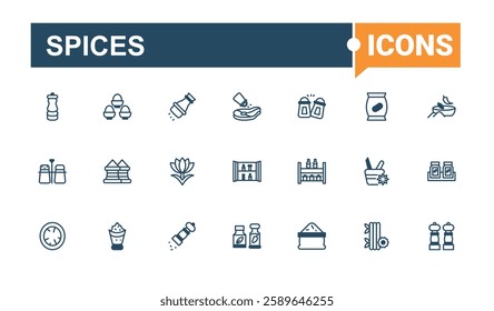 Spices icon collection. Includes icons for web, powder, garlic, 5ar, leaf, ingredient, bay leaf and more. Flat icon. Solid line editable stroke.