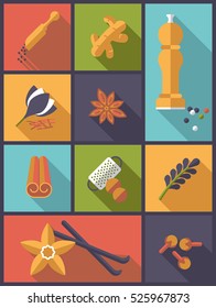 Spices icons collage. Vertical flat design long shadow illustration with spices symbols