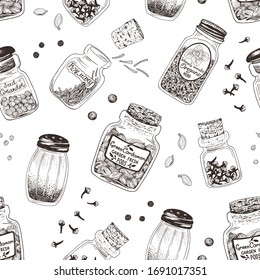 Spices in jars hand drawn seamless pattern with rosemary, coriander, cardamom, pepper, oregano and clove. Vector drawing illustration in vintage style with different ingredients.