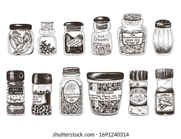 Spices in jars, hand drawn set with thyme, paprika, cinnamon, ginger, coriander, cardamom, pepper, oregano, bay leaf, clove and homemade mix spices. Vector drawing illustration in vintage style.