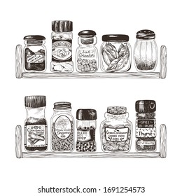 Spices in jars on wooden shelves, thyme, ginger, bay leaf, coriander, cardamom, pepper, oregano, paprika and cinnamon. Vector hand drawn illustration for kitchen decor.