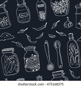 Spices in jars seamless pattern Vintage illustration for identity, design, decoration, packages product and interior decorating
