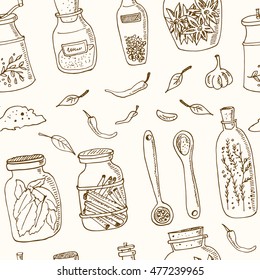 Spices in jars seamless pattern Vintage illustration for identity, design, decoration, packages product and interior decorating