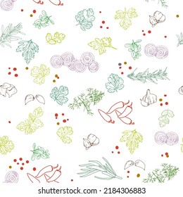 Spices and kitchen herbs seamless pattern. Pepper, paprika, garlic, dill, onion, parsley, tarragon, cilantro