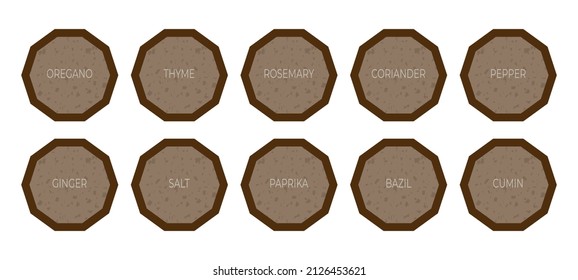 Spices labels. Vintage geometric labels or stickers with texture. For marking food jars, containers with spices. Vector set isolated on white background