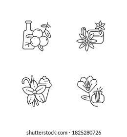 Spices linear icons set. Aromatic flavoring. Food seasoning. Cooking condiment. Star anise and vanilla sticks. Saffron. Customizable thin line contour symbols. Isolated vector outline illustrations