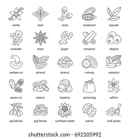 Spices linear icons set. Flavorings, seasonings. Thin line contour symbols. Isolated vector outline illustrations. Editable stroke