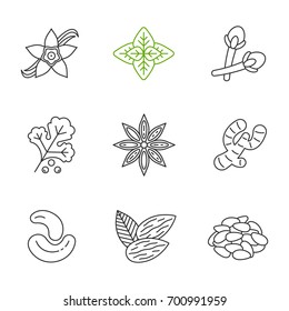 Spices Linear Icons Set. Thin Line Contour Symbols. Seasonings, Flavorings. Vanilla Flower, Basil, Clove, Coriander, Anise, Ginger, Cashew Nuts, Almond, Pinenuts. Isolated Vector Outline Illustrations