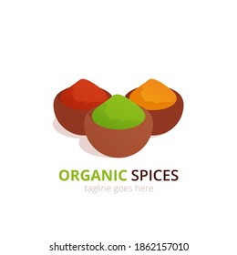 Spices logo concept design. Food vector illustration. Healthy simple logotype. Three wooden plate with green and red and orange seasoning.