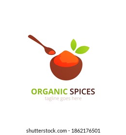 Spices logo concept design. Food vector illustration. Healthy simple logotype with wooden spoon and plate