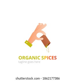 Spices logo concept design. Food vector illustration. Healthy simple logotype. The chef's hand pours the seasonings.