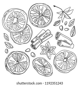 Spices for mulled wine - a set of linear vector drawings for design and illustration.