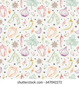 Spices multicolored seamless pattern on white background. Star anise, soy beans, parsley, garlic, cloves, hot chili pepper, bell pepper, haricot. Vintage seasonings background. Vector illustration 