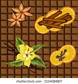 Spices on chocolate pattern.Vector color illustration with chocolate pattern and spices.