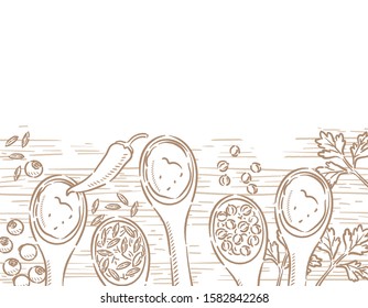 Spices on spoons for curry. Chili, coriander, cumin, allspice, garam masala or other spices. Vector illustration.	