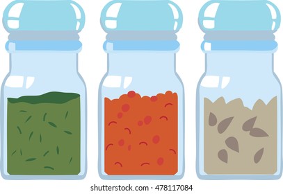 spices on white background for your design. Aromatic culinary powder spices Vector. Powder spices in glass jars and cooking powder spices in glass jars.