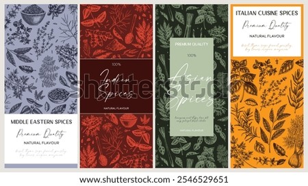 Spices packaging design templates. Vintage labels set. Herbs hand-drawn vector illustration. NOT AI generated