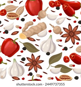 Spices pattern. Seamless print with indian herbal tea ingredients, cartoon clove cardamon ginger cinnamon leaves. Vector texture. Cartoon condiment for seasoning as garlic and chili pepper