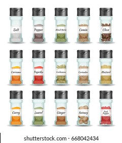 Spices, Pepper, Seeds And Condiment/
Illustration of a set of condiment shaker for grocery, including salt, black pepper, curry, ginger,curcuma, mustard, coriander, clove, and other exotic seasoning