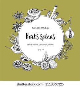 spices round frame design. hand painted illustration. Vintage sketchy style plants. Vector illustration of nutmeg, anise, cinnamon