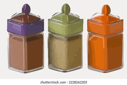 Spices, Salt, Salt Shaker. Filled spice jars. Empty spice jar
 Illustration Vector Cartoon Drawing