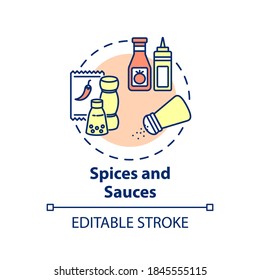 Spices And Sauces Concept Icon. Types Of Seasoning. Food Flavor Changer. Hot Meal Addons. Cooking Ingredient Idea Thin Line Illustration. Vector Isolated Outline RGB Color Drawing. Editable Stroke