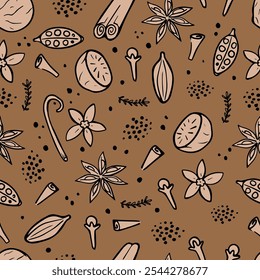 Spices seamless pattern. Aroma ingredients on a brown background. Hand-drawn illustration of aromatic spices. Wallpaper featuring cloves, nutmeg, cardamom, cinnamon, star anise, and vanilla