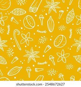 Especiarias padrão sem emenda. Ingredientes de aroma sobre fundo amarelo. Ilustração desenhada à mão de especiarias aromáticas. Papel de parede com cravo, noz-moscada, cardamomo, canela, anis estrelado e baunilha