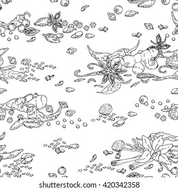 Spices. Seamless pattern. Hand drawn set. Cinnamon, pepper, cardamon, ginger, bay leafs and other spices.