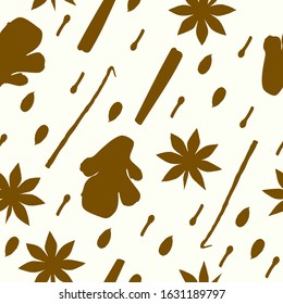 Spices seamless pattern. Indian traditional masala tea spices ornament. Cinnamon, ginger, clove and other silhouettes in warm color on light background. Vector illustration for your own projects.