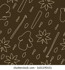 Spices seamless pattern. Indian traditional masala tea spices ornament outline silhouettes in warm color on dark background. Vector illustration for your own projects.