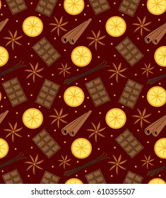 Spices seamless pattern. Mulled wine and chocolate endless background, texture. Vector illustration