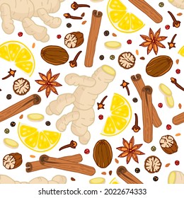 Spices seamless pattern. Organic product flat. Clove Spice, mix pepper Fragrant corns, nutmeg, ginger, cinnamon, lemon, anis for textile, fabric, wrapping paper, wallpaper, scrapbooking.