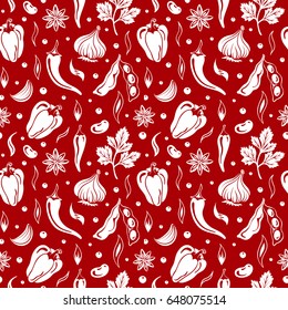 Spices seamless pattern in red and white colors. Star anise, soy beans, parsley, garlic, cloves, hot chili pepper, bell pepper, haricot. Seasonings background. Vector illustration 